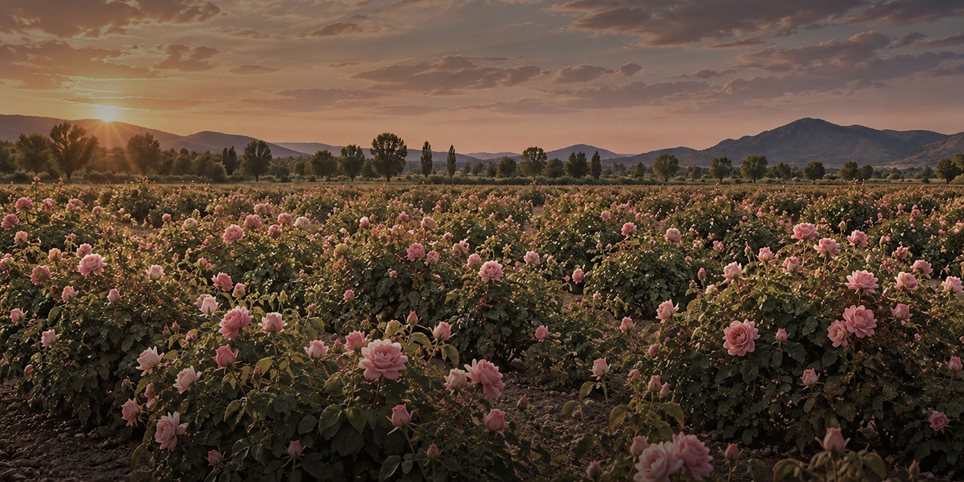 Rose fields at sunset